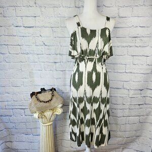 NWT Ann Taylor LOFT Size MP Green/Ivory Ikat Print Sleeveless Ruffle Sun Dress